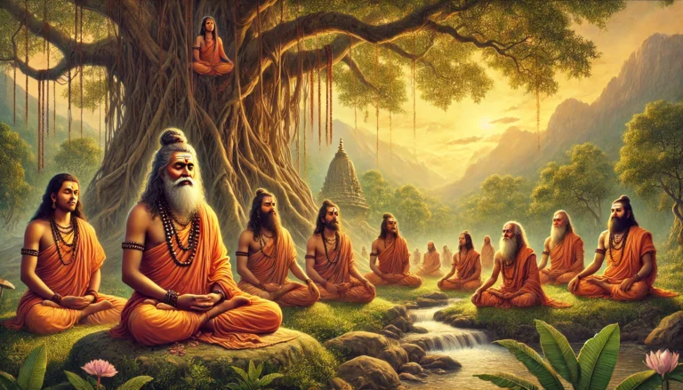 DALL·E 2025-01-28 21.30.07 - A detailed and serene depiction of ancient Indian spiritual gurus meditating in a peaceful natural environment. The scene includes a group of gurus wi