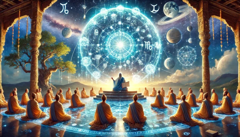 DALL·E 2025-01-28 21.52.32 - A breathtaking spiritual scene depicting the connection between astrology and the planetary system. A wise guru is shown teaching students under a glo