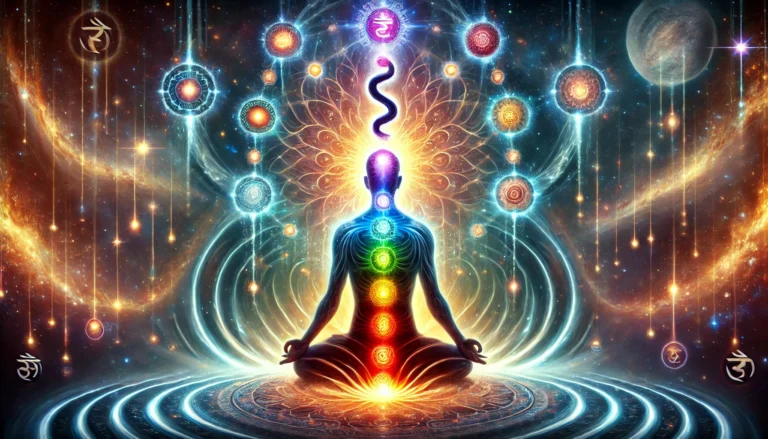 DALL·E 2025-01-28 22.07.16 - A powerful and mystical depiction of Kundalini energy. A meditating figure sits in a lotus position at the center, with a glowing serpent coiled at th