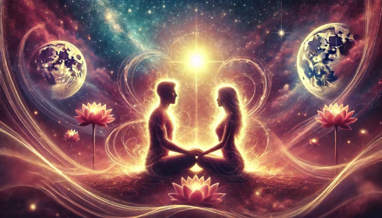 DALL·E 2025-01-28 22.53.35 - A mesmerizing and ethereal depiction of romantic spirituality. A couple sits together in meditation, their hands gently touching, radiating a glowing