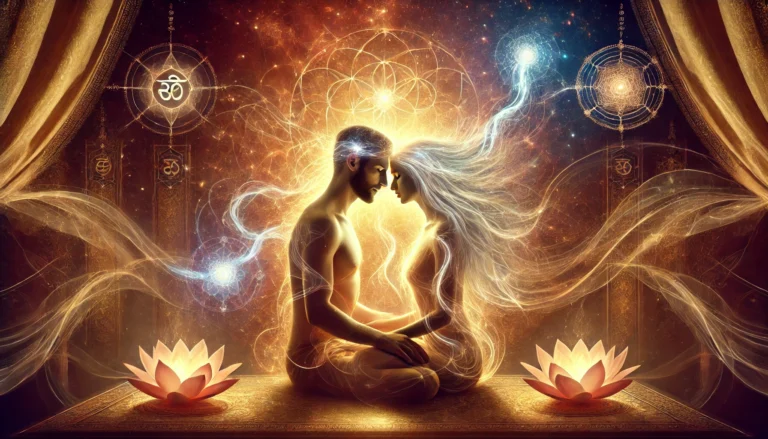 DALL·E 2025-01-28 22.54.31 - A mystical and sensual depiction of Tantra romantic energy. A couple sits closely in a meditative embrace, their foreheads gently touching, with glowi