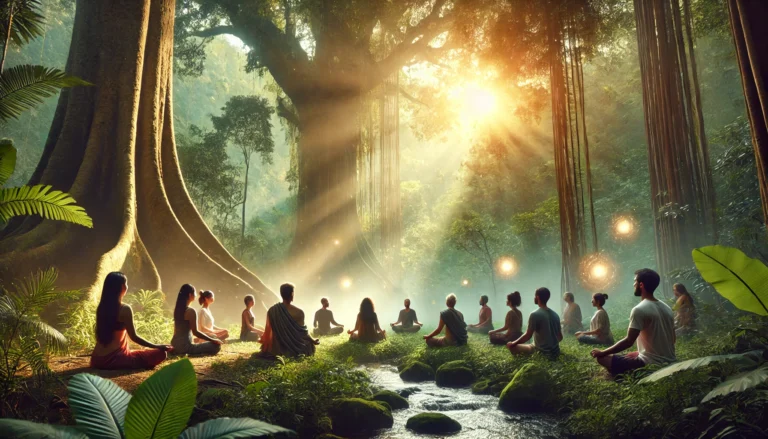 DALL·E 2025-01-28 22.58.06 - A peaceful group meditation in a lush forest, surrounded by nature and divine energy. A diverse group of individuals sits in a circle in the lotus pos